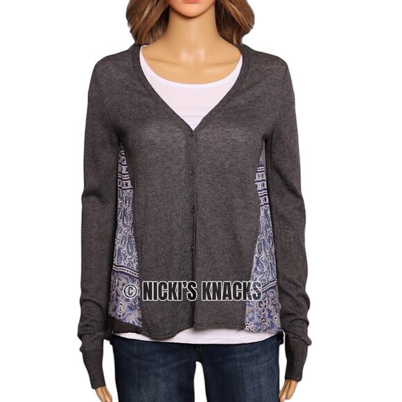 Subtle Luxury Cashmere Silk Cardigan Gray Button Front Boho Print Back Size XS/S - Picture 3 of 11